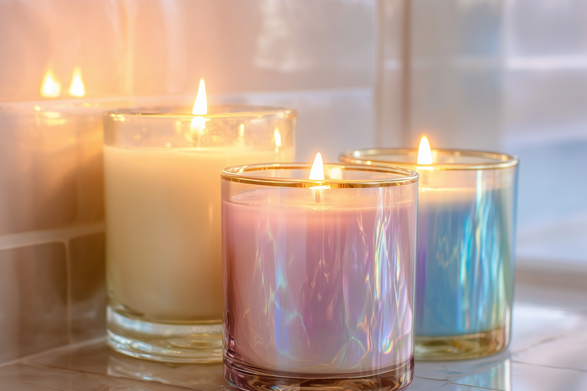 Set of three lit candles in glass containers with iridescent and pastel colors on a tiled surface.